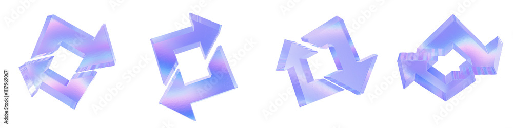 Set of 4 3d glass combine left and right arrows shape with aberration effect isolated on a transparent background. Blue tone. 3d transparent elements for graphic design. Set of 4 3d glass combine left and right arrows shape with aberration effect isolated on a transparent background. Blue tone. 3d transparent elements for graphic design.