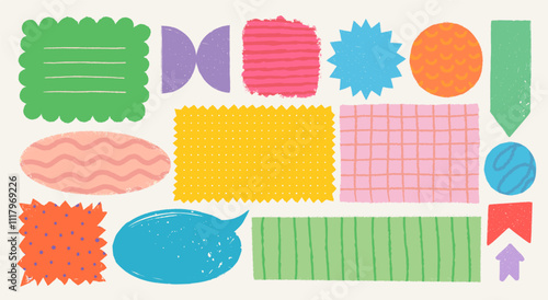 Memo notes and stickers in rough rustic style. Hand drawn vintage textured badges, banners, ribbon, flags, and other design elements. Hand-drawn infographic Vector collection