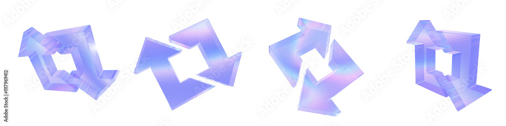 Set of 4 3d glass combine left and right arrows shape with aberration effect isolated on a transparent background. Blue tone. 3d transparent elements for graphic design. Set of 4 3d glass combine left and right arrows shape with aberration effect isolated on a transparent background. Blue tone. 3d transparent elements for graphic design.
