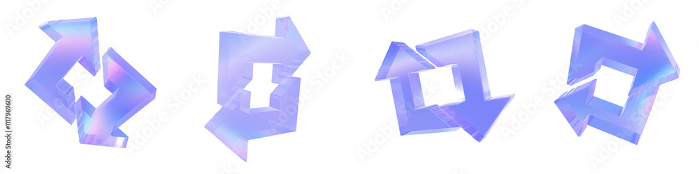 Set of 4 3d glass combine left and right arrows shape with aberration effect isolated on a transparent background. Blue tone. 3d transparent elements for graphic design. Set of 4 3d glass combine left and right arrows shape with aberration effect isolated on a transparent background. Blue tone. 3d transparent elements for graphic design.