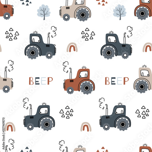 Seamless pattern with doodle transport - tractor for children. Perfect for kids bedding, fabric, wallpaper, wrapping paper, textile, t-shirt print. Vector illustration