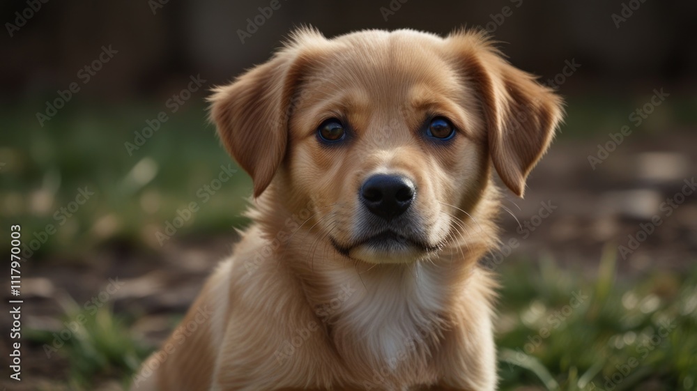 Adorable golden puppy with blue eyes sits outdoors. Adorable golden puppy with blue eyes sits outdoors.