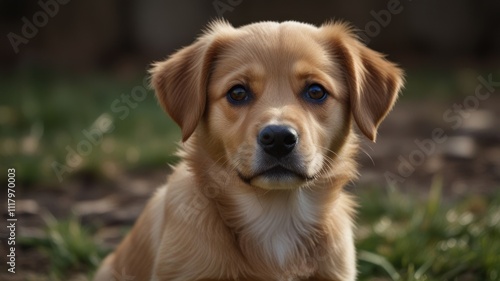 Adorable golden puppy with blue eyes sits outdoors.