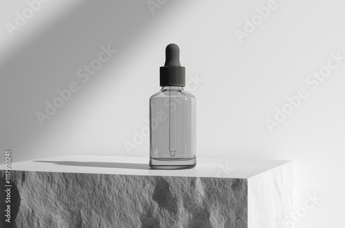 Render of spa bottle with perfume, essential oils or serum with a pipette stands on podium-natural stone on a white background, aesthetic style, concept for spa, massage or skincare. mock up