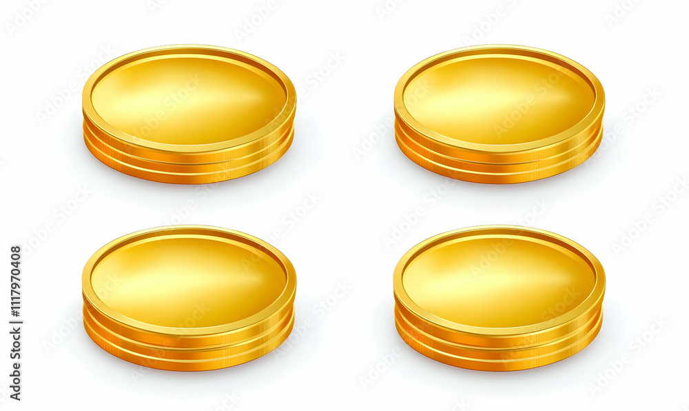 Four golden coins, stacked high, isolated on a white background, perfect for wealth, finance, and success concepts. Four golden coins, stacked high, isolated on a white background, perfect for wealth, finance, and success concepts.