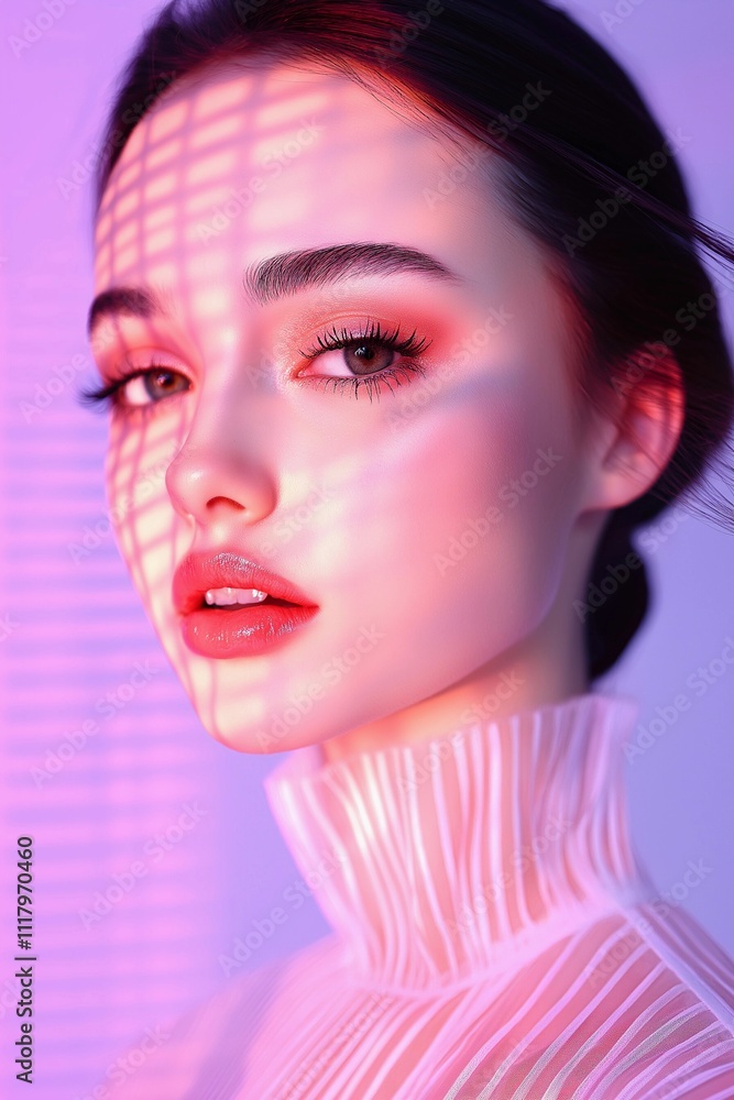 Ethereal studio photograph of a woman in a translucent white dress under neon lights with a unique bar code
Ethereal studio photograph of a woman in a translucent white dress under neon lights with a unique bar code