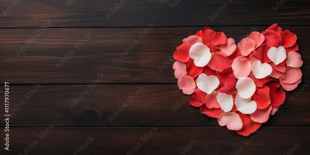 Romantic Heart Shape Made of Red and Pink Flower Petals on Dark Wooden Background for Special Day and Love Concept Romantic Heart Shape Made of Red and Pink Flower Petals on Dark Wooden Background for Special Day and Love Concept