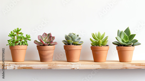 Small succulent plants in terracotta pots on a wooden shelf.