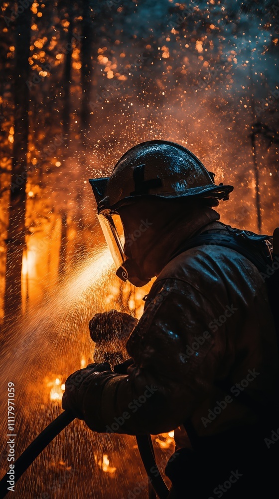 Naklejka premium Firefighter combats wildfire in forest during dramatic blaze at dusk