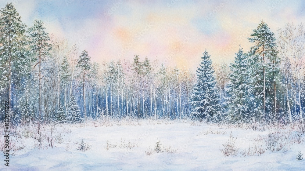 Fototapeta premium Watercolor illustration of a peaceful snowy coniferous forest landscape, showcasing snow-covered pine trees a serene winter panorama. A tranquil winter scene depicting nature’s beauty in cold months