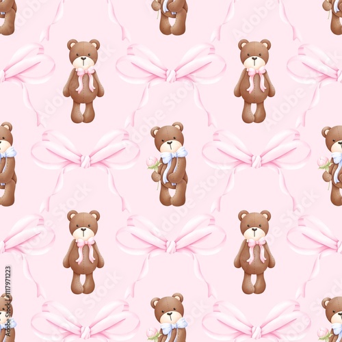 Seamless pattern Coquette Teddy Bear, Texture for Wallpaper, Gift Wrapping paper. Ideal for fabric,scrapbooking,banner , card, wrapping paper,