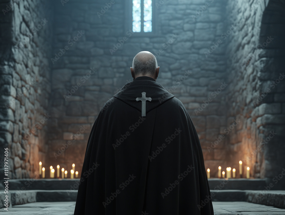 Evocative Medieval Priest in a Historical Setting Surrounded by Candlelight, Capturing the Essence of Spiritual Reflection and Solitude in an Ancient Stone Sanctuary Evocative Medieval Priest in a Historical Setting Surrounded by Candlelight, Capturing the Essence of Spiritual Reflection and Solitude in an Ancient Stone Sanctuary