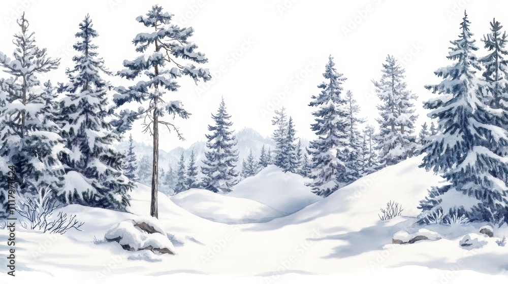 Naklejka premium Watercolor illustration of a peaceful snowy coniferous forest landscape, showcasing snow-covered pine trees a serene winter panorama. A tranquil winter scene depicting nature’s beauty in cold months