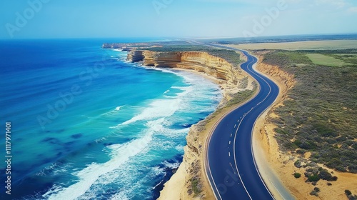 Wallpaper Mural A winding asphalt road that runs along beautiful cliffs along a stunning coastline background wallpaper AI generated image Torontodigital.ca