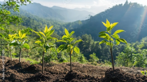 Fresh Green Saplings Growing in Soil Against Mountain Landscape