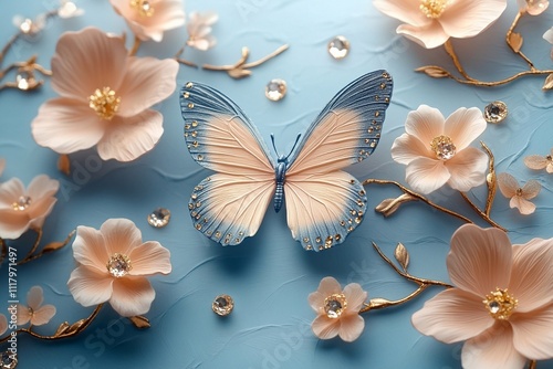 Light blue background, light pink and gold butterflies with flowers, diamonds sparkling in a cute wallpaper design. Beautiful, trendy, art deco border design with pastel colors, glittering, and sparkl photo