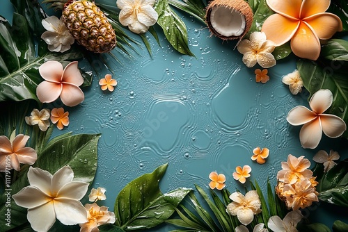 A flat lay composition featuring tropical elements like pineapples, coconuts, and white orchid flowers on the right side of an empty light blue background. The top left corner is filled with various l photo