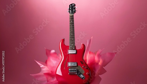A vibrant red electric guitar floats against a bright pink background.