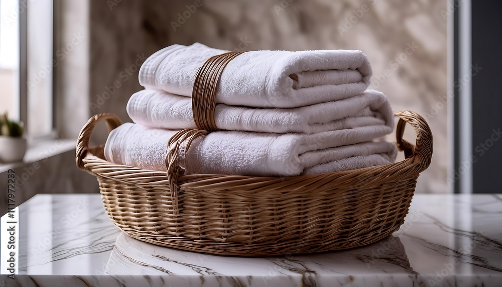 Obraz premium A wicker basket of neatly folded towels sits on a marble surface.