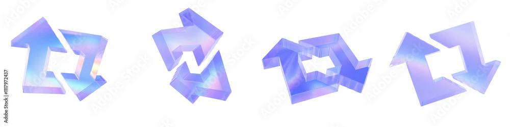 Set of 4 3d glass combine left and right arrows shape with aberration effect isolated on a transparent background. Blue tone. 3d transparent elements for graphic design. Set of 4 3d glass combine left and right arrows shape with aberration effect isolated on a transparent background. Blue tone. 3d transparent elements for graphic design.