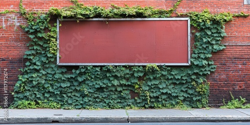 Overgrown Ivy Wall with Blank Billboard on Red Brick Building