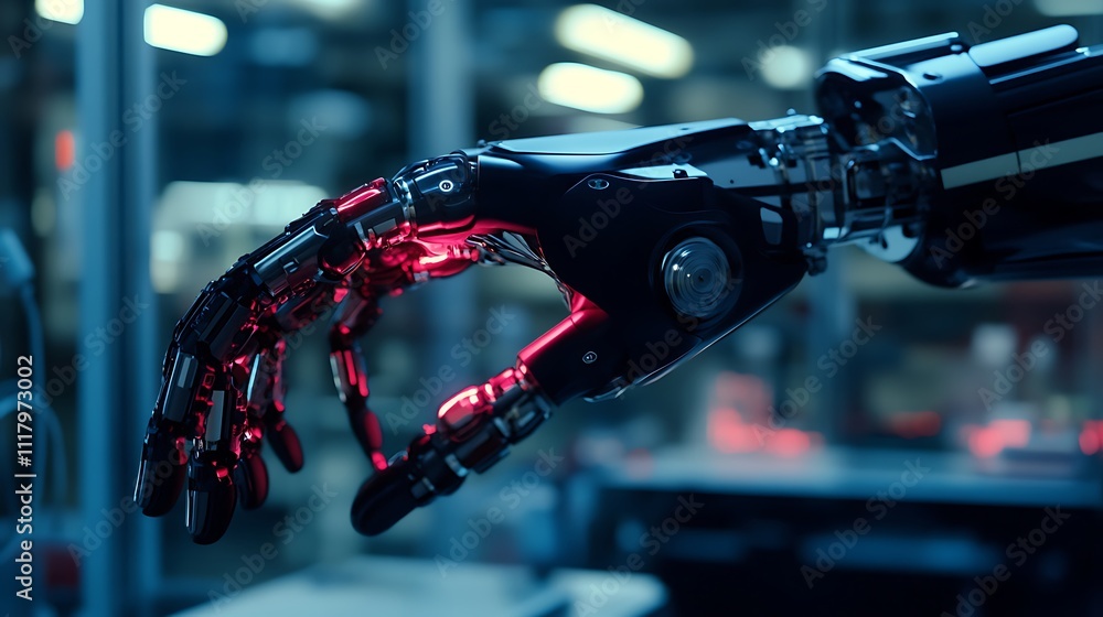 Fototapeta premium A close-up of a robotic hand with intricate mechanics and glowing elements.