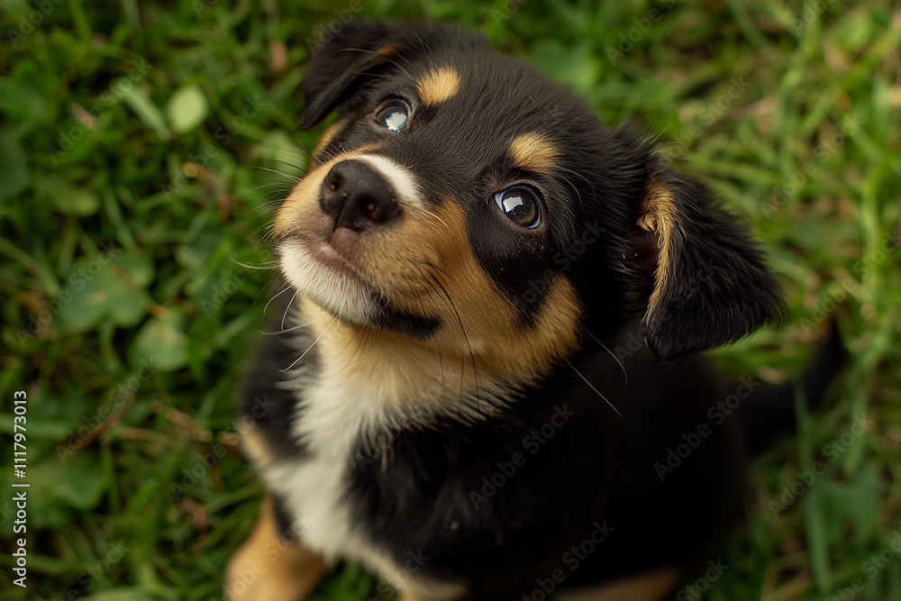 Cute puppy looking up with curiosity while sitting on grass Cute puppy looking up with curiosity while sitting on grass