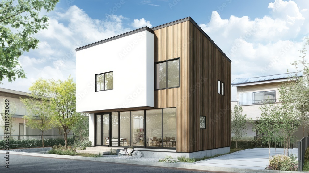 A two-story minimalist modern house with a symmetrical design, featuring an open floor plan and large windows, background AI generated image A two-story minimalist modern house with a symmetrical design, featuring an open floor plan and large windows, background AI generated image