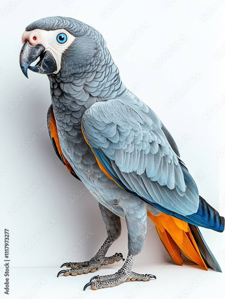 Obraz premium Majestic African Grey Parrot Standing Proudly Against White Background