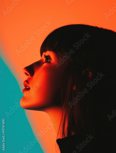 Minimalistic Profile of a Woman Against Bold Colorful Background Highlighting Unique Contours and Soft Features in Modern Artistic Style