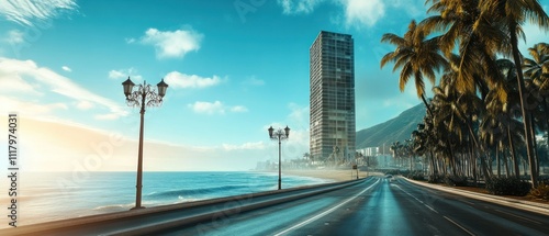 Towering office buildings sit next to wide asphalt highways that run along the beautiful coastline, background wallpaper AI generated image