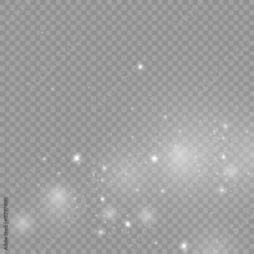 Dust sparks and stars shine with a special light. Christmas light effect. Glittering particles of magic dust.Vector sparkles on a transparent background.