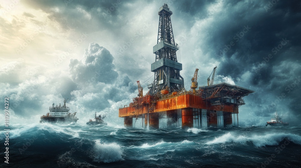 Deep sea oil drilling operations feature large rig platforms floating in rough waters background wallpaper AI generated image Deep sea oil drilling operations feature large rig platforms floating in rough waters background wallpaper AI generated image
