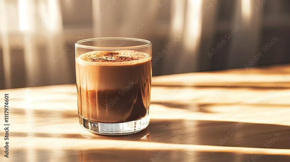A glass of coffee sits on a wooden table, illuminated by soft sunlight. A glass of coffee sits on a wooden table, illuminated by soft sunlight.