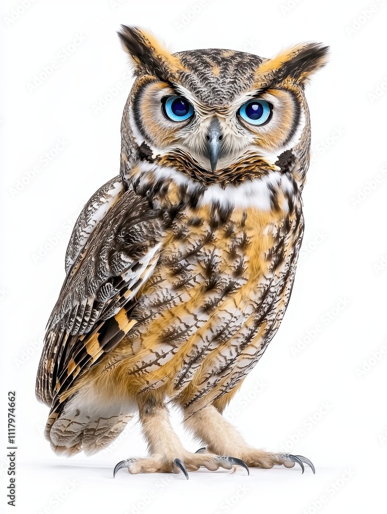 Obraz premium Great Horned Owl Standing Proudly Against a Clean White Background