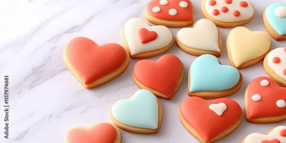Fototapeta premium Heart-Shaped Cookies Decorated with Colorful Icing on a Marble Surface Celebrating a Special Day