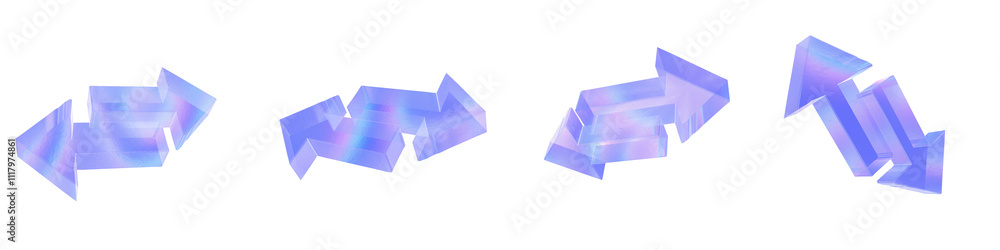 Set of 4 3d glass 2 arrows top and bottom shape with aberration effect isolated on a transparent background. Blue tone. 3d transparent elements for graphic design. Set of 4 3d glass 2 arrows top and bottom shape with aberration effect isolated on a transparent background. Blue tone. 3d transparent elements for graphic design.