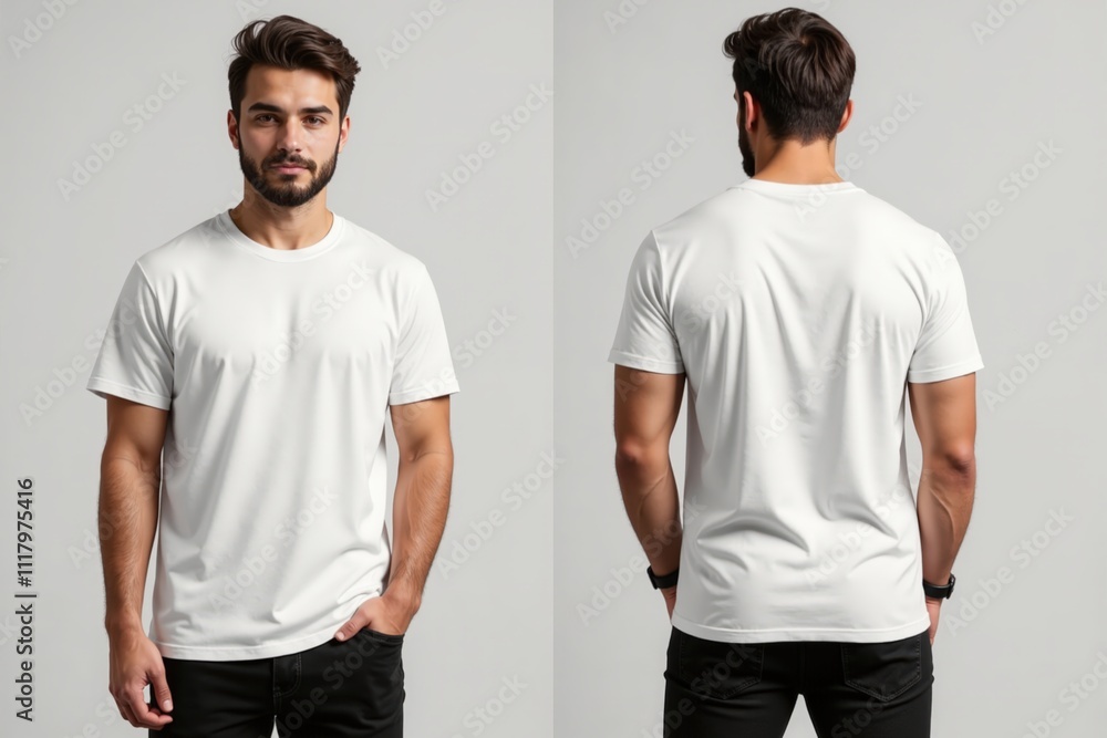 Front and back views of a man wearing a plain white t-shirt and black pants, ideal for showcasing clothing designs or mockups. Front and back views of a man wearing a plain white t-shirt and black pants, ideal for showcasing clothing designs or mockups.