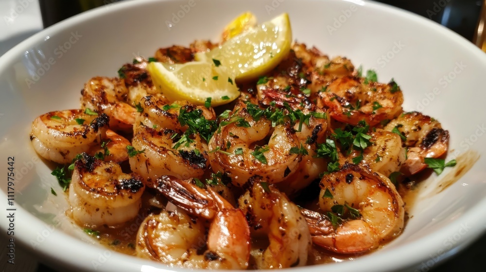 Grilled shrimp served in a bowl with lemon and herbs at a coastal restaurant during sunset Grilled shrimp served in a bowl with lemon and herbs at a coastal restaurant during sunset
