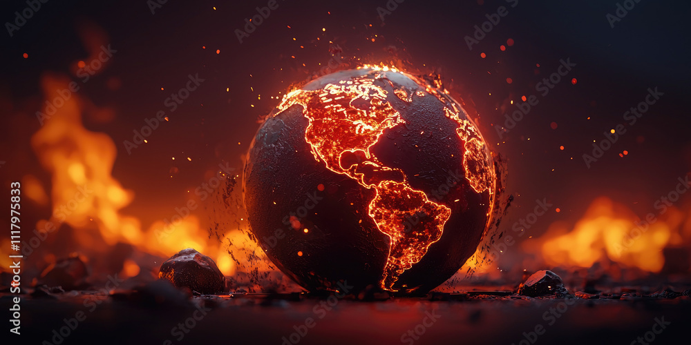 A fiery globe illuminated against a dark background, symbolizing a world in turmoil amidst volcanic activity. A fiery globe illuminated against a dark background, symbolizing a world in turmoil amidst volcanic activity.