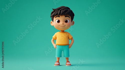 Cartoon boy standing with hands on hips, on teal background. Cute, confident child.