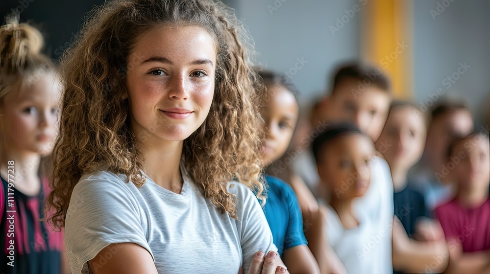 A group of children, with a confident girl in the foreground, showcasing camaraderie and teamwork. A group of children, with a confident girl in the foreground, showcasing camaraderie and teamwork.