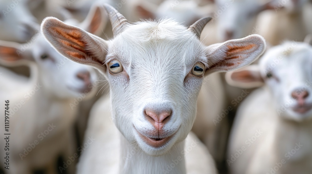 Young White Goat Smiles Among Herd of Goats Young White Goat Smiles Among Herd of Goats