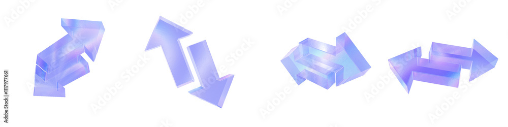 Set of 4 3d glass 2 arrows top and bottom shape with aberration effect isolated on a transparent background. Blue tone. 3d transparent elements for graphic design. Set of 4 3d glass 2 arrows top and bottom shape with aberration effect isolated on a transparent background. Blue tone. 3d transparent elements for graphic design.