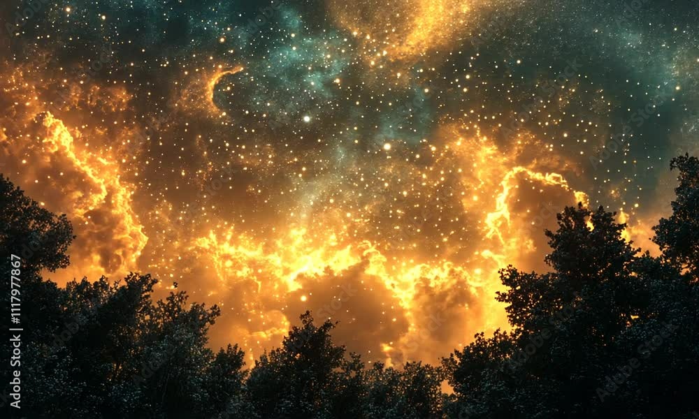 A cosmic scene with glowing clouds and stars. A cosmic scene with glowing clouds and stars.