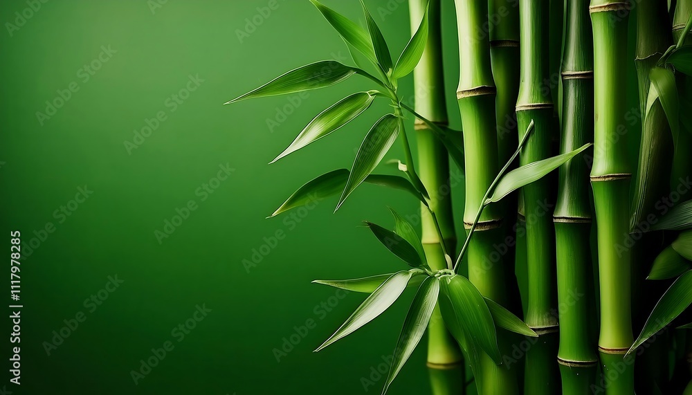 Obraz premium Several stalks of vibrant green bamboo against a solid green background.