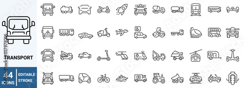 Transport web line icons. Containing car, bike, plane, train, bicycle, motorbike, bus and scooter. Editable stroke. Vector illustration