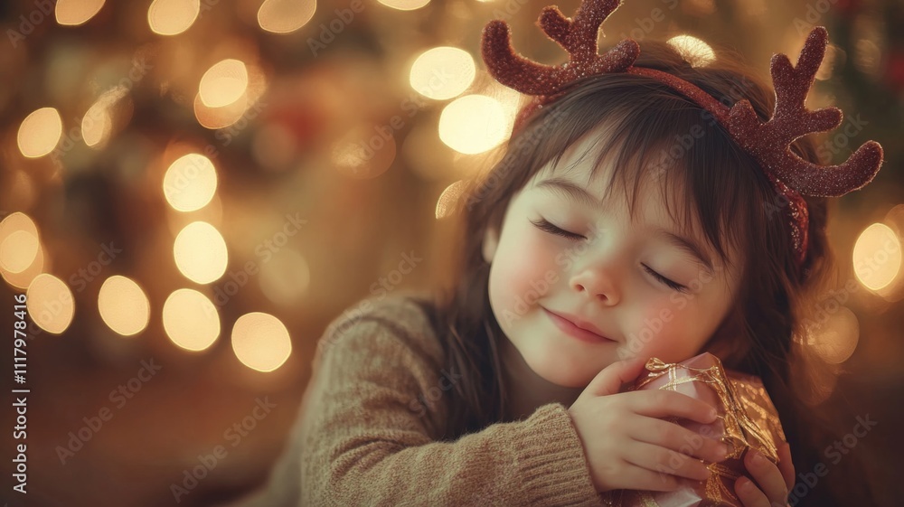 Young Girl with Reindeer Antlers Holding a Gift in Front of Christmas Lights Young Girl with Reindeer Antlers Holding a Gift in Front of Christmas Lights