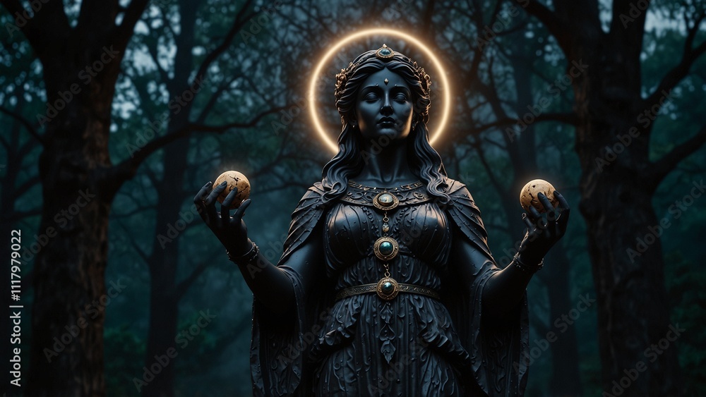 Statue of Hecate, the goddess of dark magic, holding the moon and magical runes in both hands, with a backdrop of pitch-black forests and mystical magical light, with carvings depicting her mysterious Statue of Hecate, the goddess of dark magic, holding the moon and magical runes in both hands, with a backdrop of pitch-black forests and mystical magical light, with carvings depicting her mysterious