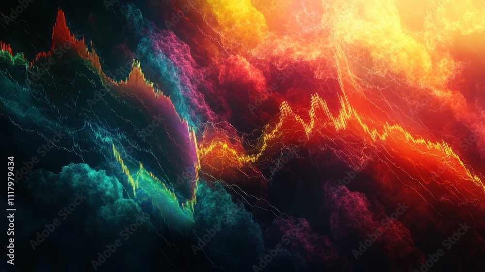 Obraz premium Here's a description and keywords for your image.. Abstract vibrant data visualization, resembling a fiery, dynamic stock market chart.